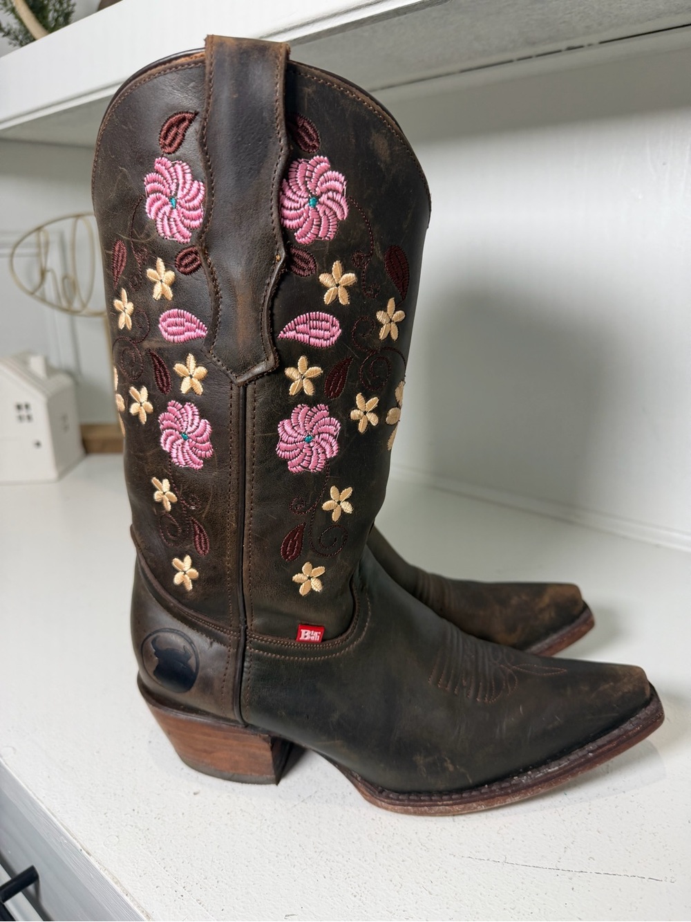 Big Bull Womens 7.5 Vintage Brown Leather Floral Embroidered Cowboy Boots - Picture 5 of 10